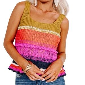 entro Multicolor Knit Cropped Tank Top in Mustard, Orange, Pink & Navy L